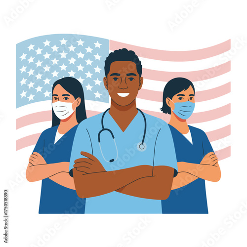 Healthcare Workers with Stethoscope and USA Flag Background — Flat Vector Illustration