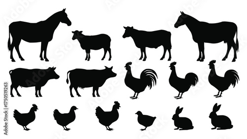Farm animal silhouettes set with horse cow sheep chicken rooster and rabbit vector illustration for agriculture and t shirt design