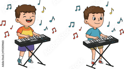 Cartoon boys playing electronic keyboards, musical notes and colorful outfits, joyful music scene, white background, educational music illustration