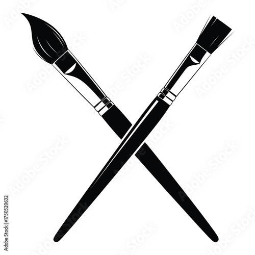 Two paint brushes crossed silhouette isolated on white background