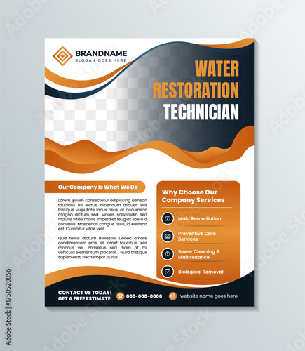 water restoration technician flyer Design. combination black and gold gradient on element isolated on white background. space for photo and infographic.