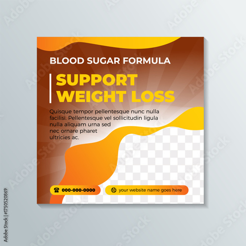 support weight loss health center and social media post banner template. square layout with white brown gradient. liquid shape for photo space with orange gradient color.