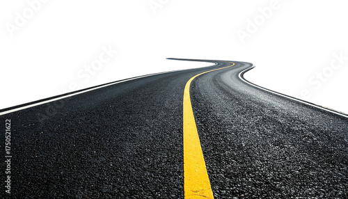 Winding asphalt road with a yellow center stripe, against a stark black background