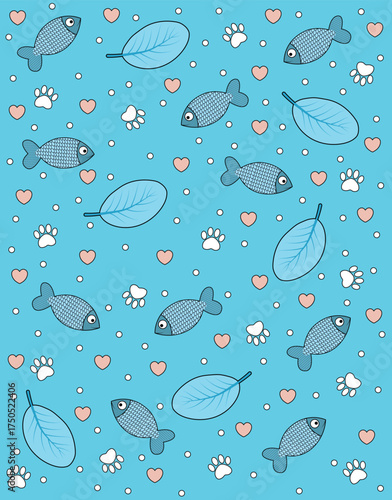 Cute Blue Pattern with Fish, Hearts and Cat Paw Prints