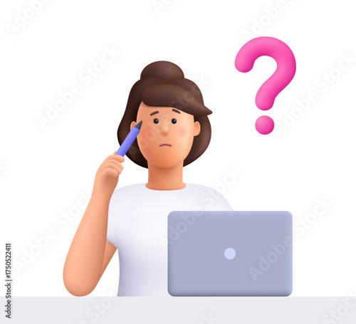 Confused woman Jane sitting at desk with laptop and pink question mark, holding pen. Problem solving, decision making, brainstorming concept. 3d vector people character. Cartoon minimal style.