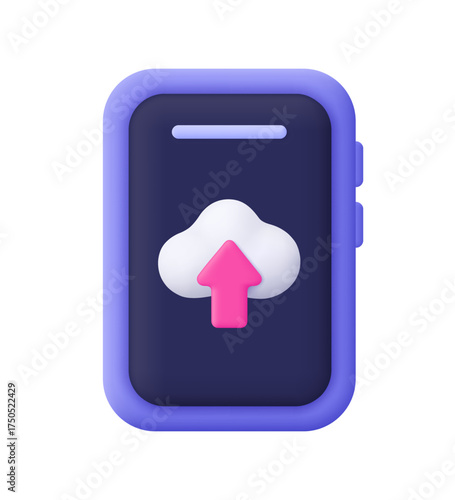 Smartphone with cloud and pink upload arrow on screen. Data upload, cloud storage, synchronization, online backup and cloud computing concept. 3d vector icon. Cartoon minimal style.