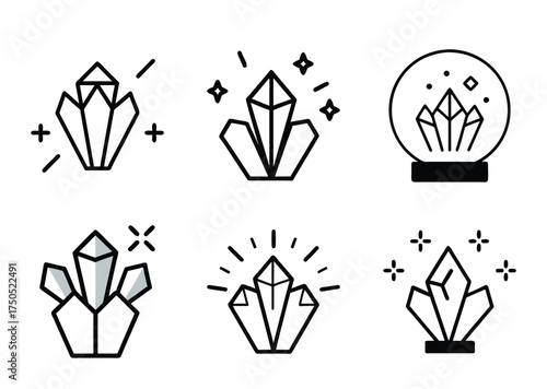 Various Crystals Illustrations in a Minimalist Line Art Style on White Background