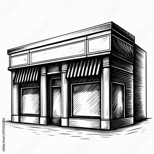 Storefront with awnings in black and white style for Black Friday promotions