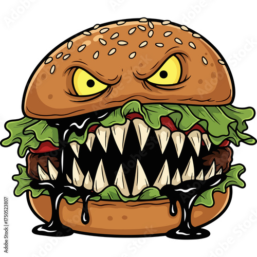 Vampire Burger: A terrifying sandwich or burger with sharp teeth and angry eyes, suggesting dangerous or overly delicious fast food, digital vector illustration for food, horror and fantasy themes.