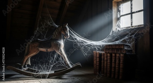 Halloween spooky abandoned attic with old rocking horse, dusty books, and intricate cobwebs.
