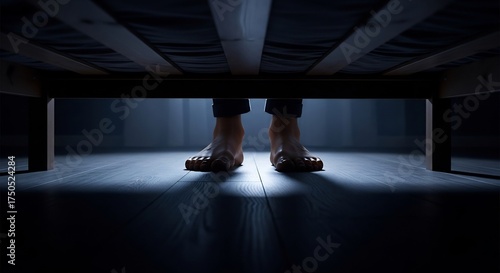 Halloween spooky night with bare feet peeking out from under the bed in a dark, mysterious room, evoking fear and suspense.