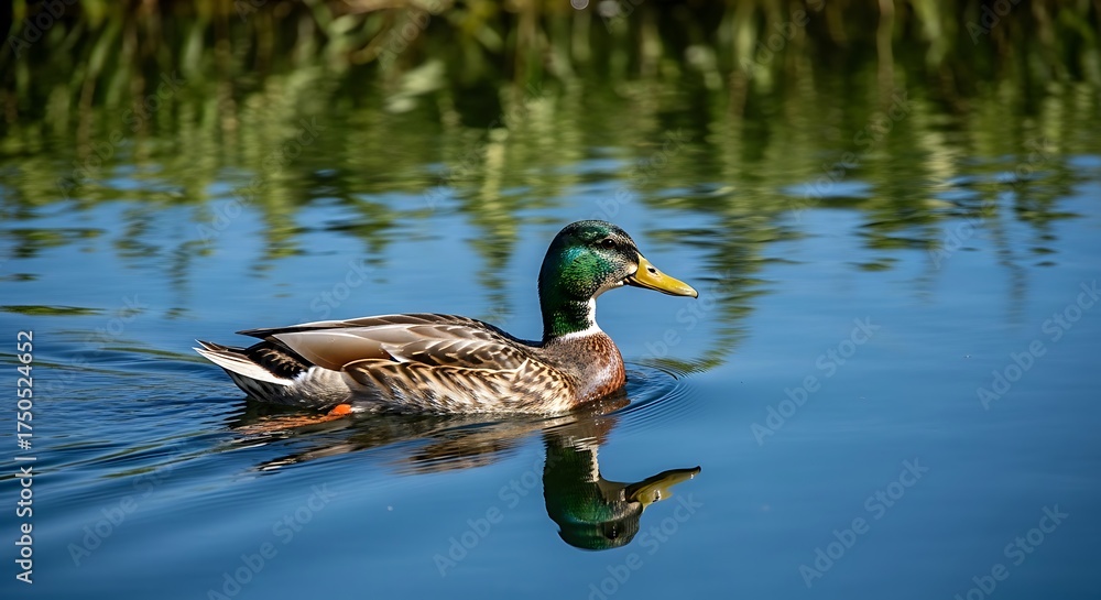 Obraz premium Mallard Duck Swimming Peacefully in Blue Water with Green Reflections.
