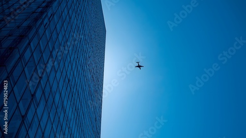 Modern glass skyscraper against clear blue sky with airplane flying above, symbolizing business success, corporate travel, innovation, and the connection between architecture, technology, and global p