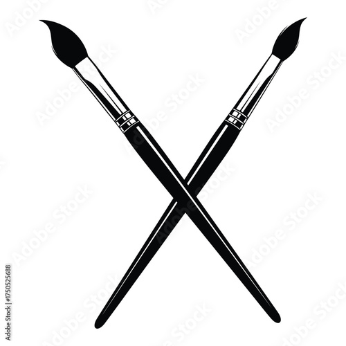 Two crossed paint brushes silhouette isolated on white background