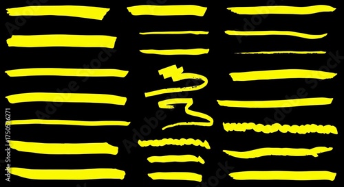 Vibrant yellow marker strokes and paint streaks for creative design projects and graphic overlays, perfect for adding hand-drawn flair and emphasizing key elements