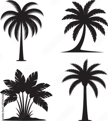 Four black and white silhouette icons of palm trees and tropical foliage island beach