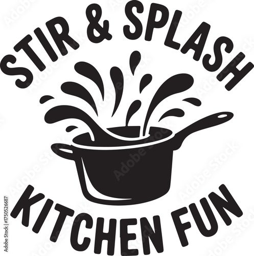 Black and white illustration of a pot with splashing liquid and text cooking kitchen