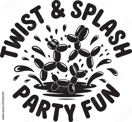Black and white illustration of balloon dogs splashing in water with text party