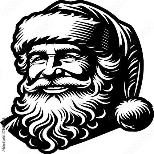 Smiling Santa Claus: A detailed, vintage-style illustration of a joyful Santa Claus, with a full beard, rosy cheeks, and twinkling eyes. The image radiates the warmth, and anticipation of Christmas.