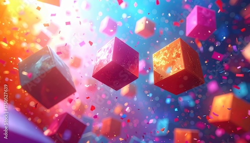 Wallpaper Mural Colorful, abstract composition displays vibrant cubes floating against a soft, blurred background filled with confetti, showcasing a celebratory and festive atmosphere with dynamic light effects... Torontodigital.ca