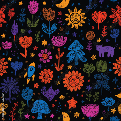 Seamless childish doodle pattern. Hand drawn crayon chalk texture. Naive colorful elements: sun, flowers, stars, tree, rocket, bear animal. Perfect for fabric, wallpaper, wrapping. Vector illustration