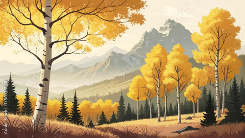 Flat minimal cartoon of Aspen forest in autumn with yellow trees, mountain backdrop, and soft sunlight.