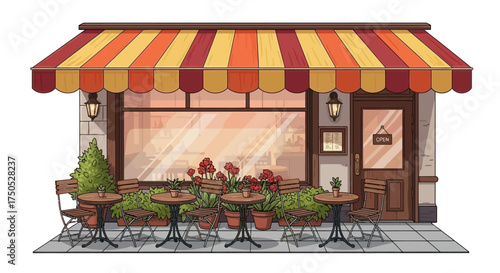 Colorful outdoor seating area of a cafe with striped awning and potted plants on a sidewalk
