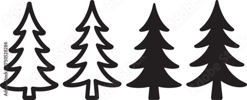 Four Pine Tree Silhouettes Two Outline Two Solid On White black