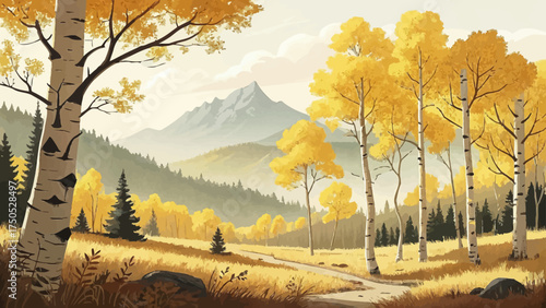 Flat minimal cartoon of Aspen forest in autumn with yellow trees, mountain backdrop, and soft sunlight.