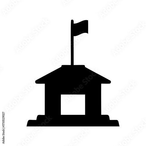 Black silhouette of a governmental building or school with a flag on top