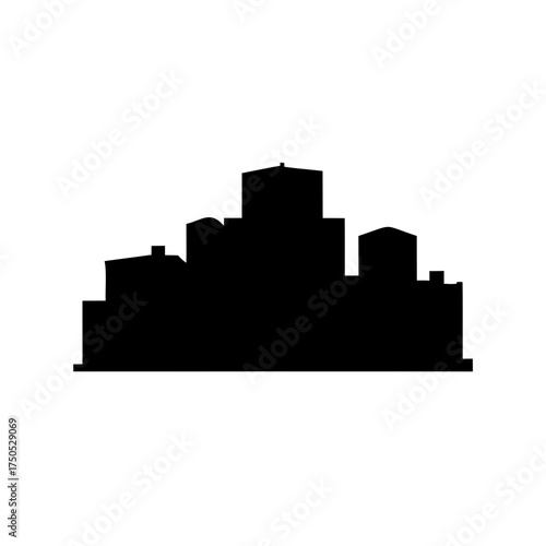 A cityscape silhouette on a white background showing several buildings