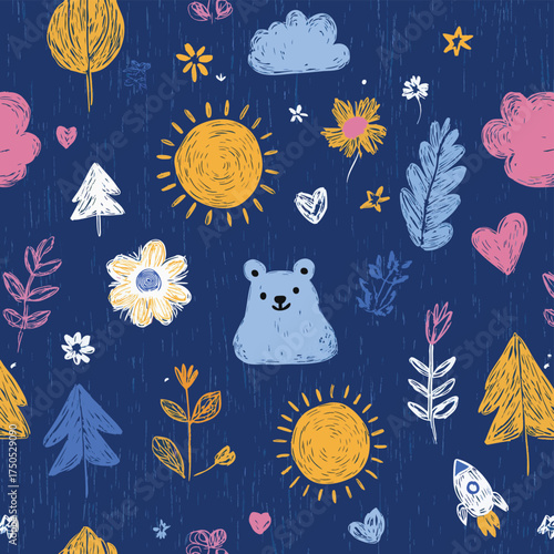 Seamless childish doodle pattern. Hand drawn crayon chalk texture. Naive colorful elements: sun, flowers, stars, tree, rocket, bear animal. Perfect for fabric, wallpaper, wrapping. Vector illustration