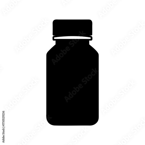 Black and White Pharmaceutical Medicine Bottle Icon Design on White Background