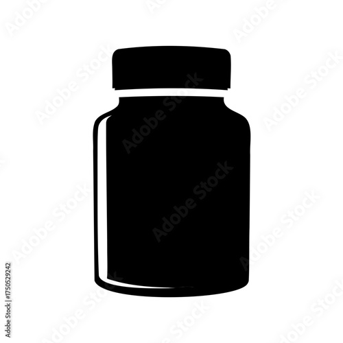 Simple black and white image of a medicine bottle with cap