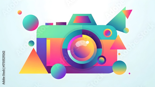 Dynamic digital camera illustration in bright, abstract geometric shapes, capturing the essence of modern photography and creative expression with a vibrant gradient design