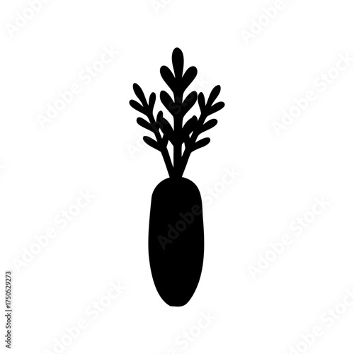 Stylized Black Carrot Illustration with Bushy Green Top on a White Background