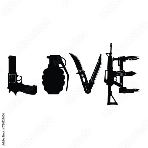 Love word formed by weapons silhouette isolated on white background