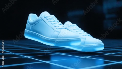 Futuristic Glowing Blue Sneaker on Digital Grid. Innovative Footwear Design & Technology Concept.