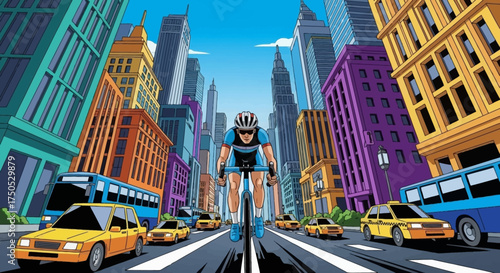 Cyclist riding through a busy city street with tall buildings and yellow taxis.