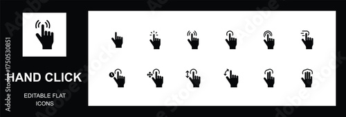 gesture hand flat icon set. Simple icons with hand using smartphone, sign fingers touch, click, zoom, rotate, tap display. Editable flat. Vector illustration