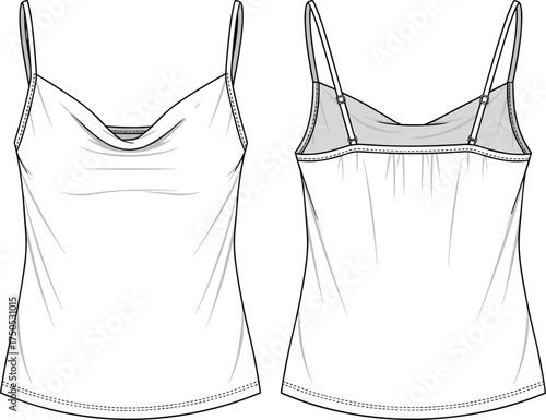 Camisole top template, women’s fashion flat, spaghetti strap apparel, cowl neck design, front back view, garment technical illustration, blank clothing sketch