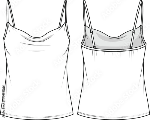 Women’s camisole template, adjustable strap top, cowl neckline fashion, front back view, garment flat sketch, blank apparel design, technical illustration
