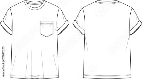 Casual t shirt template, rolled sleeve fashion, chest pocket design, short sleeve apparel, front back view, blank garment sketch, technical illustration