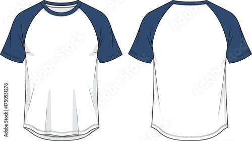 Raglan sleeve t shirt, contrast color apparel, short sleeve sportswear, curved hem design, front back view, blank garment sketch, fashion illustration