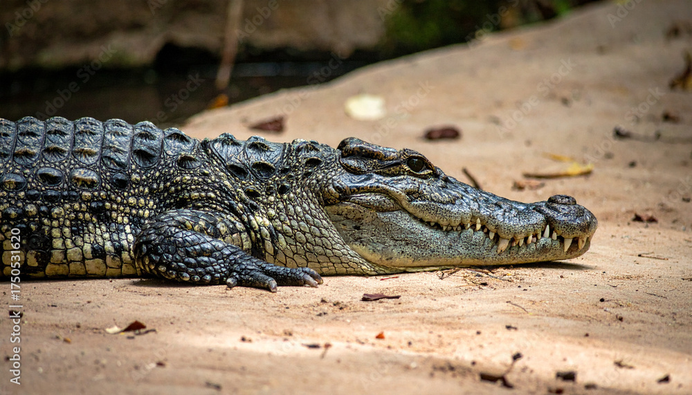 Obraz premium A close-up shot of a crocodile resting on sandy ground.