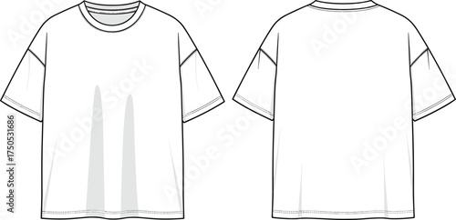 Casual t shirt template, short sleeve fashion, crew neck apparel, vertical panel design, front back view, blank garment sketch, technical illustration