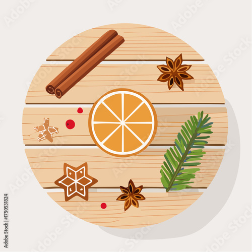 christmas decoration on wooden background with spices, orange, biscuit