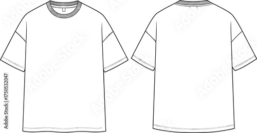 Women’s relaxed‑fit T‑shirt technical flat sketch, fashion design template, garment construction drawing, apparel illustration with dropped shoulders, ribbed collar, front and back