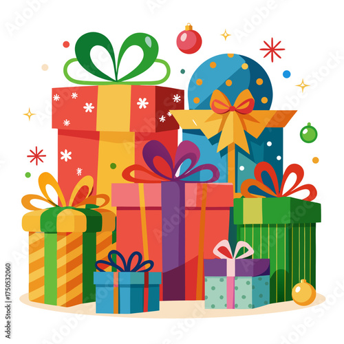 Colorful pile of christmas presents with ribbons and ornaments