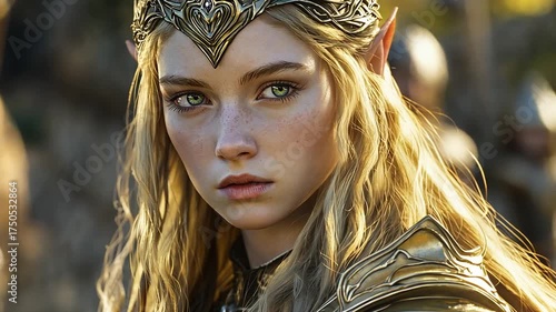 Portrait of a majestic fantasy with pointed ears and piercing eyes, adorned in intricate golden armor and a regal circlet, bathed in warm light.